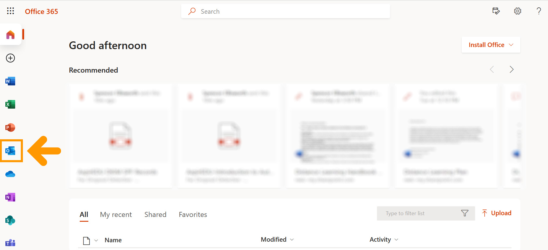Screenshot of Office 365 homepage